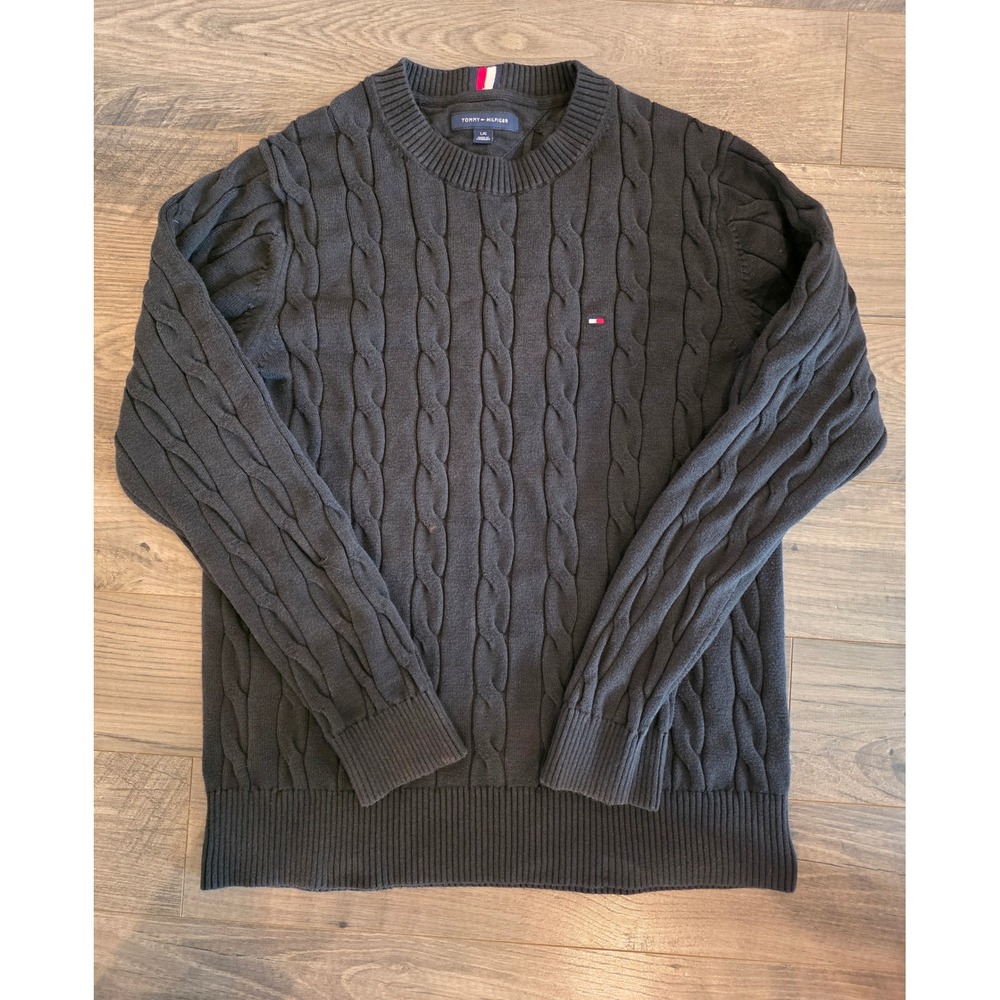 Men's sz L Tommy Hilfiger Black Cable Knit Cotton Crewneck Sweater Dark Academia